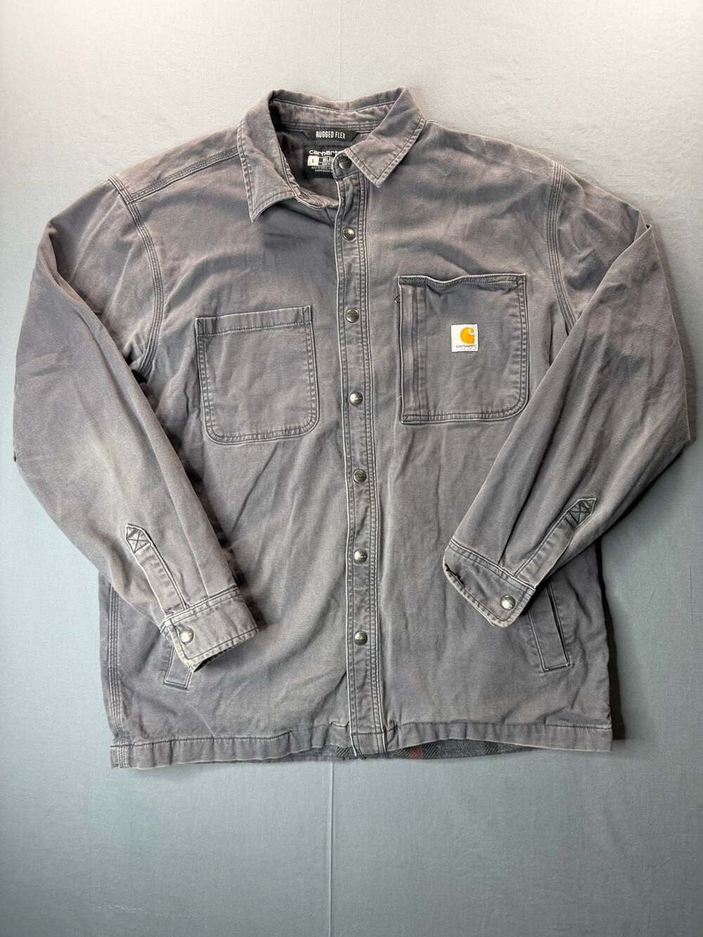 Carhartt Rugged Flex Relaxed Fit Canvas Fleece Lined Snap Front Shirt L Gray
